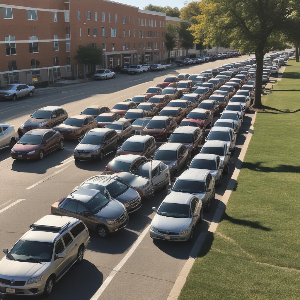 Long line of cars waiting outside school during dismissal